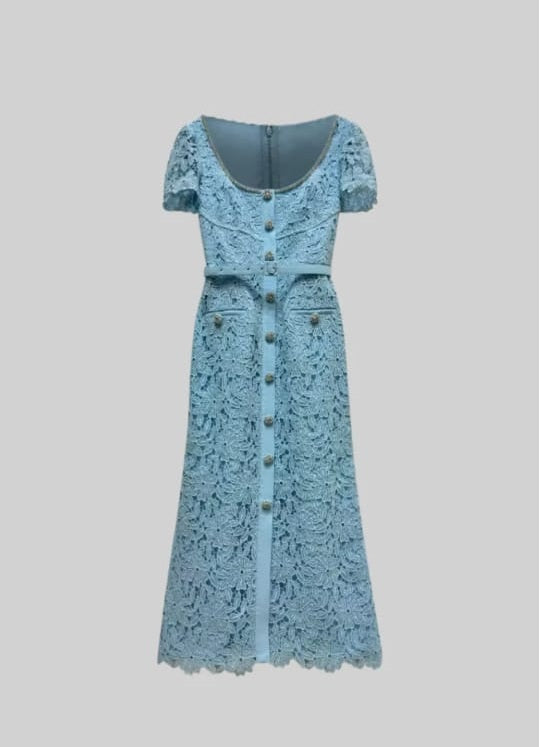 Delicate Azure Lace Midi Dress - Baby Blue