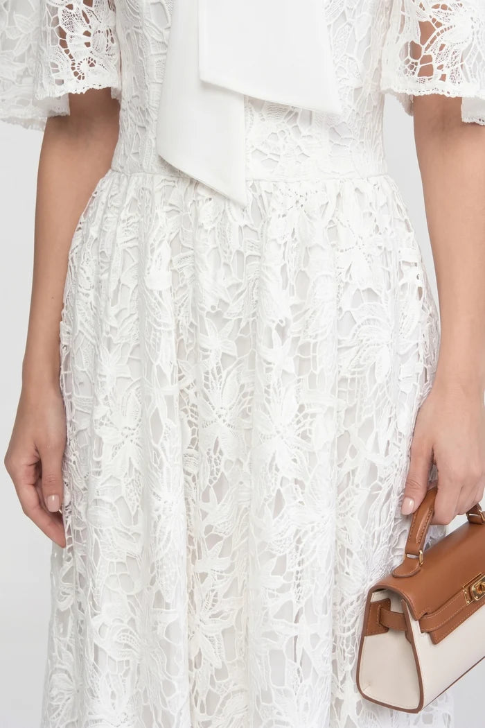 Short-Sleeve Floral Lace Maxi Dress With 3D Bow Detail - White