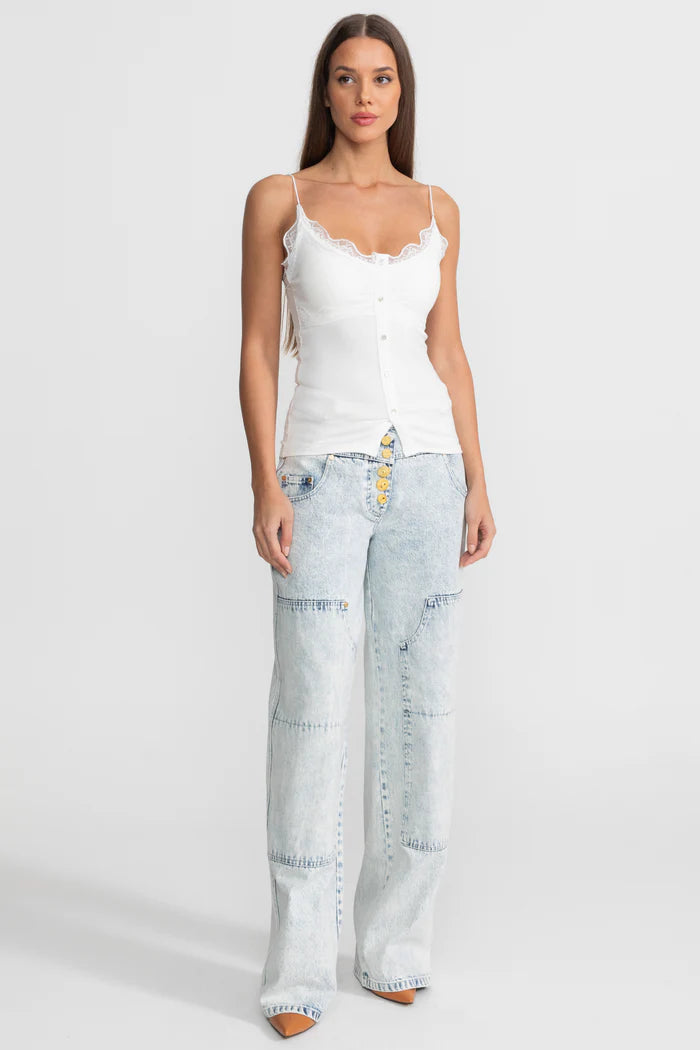 High-Waisted Wide-Leg Jeans with Gold Buttons - Light Blue