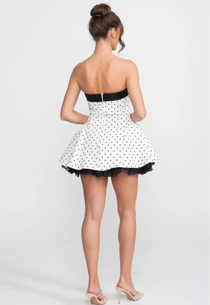 Strapless Velvet Mini Dress With Satin Bow And Ruffle Hem - White