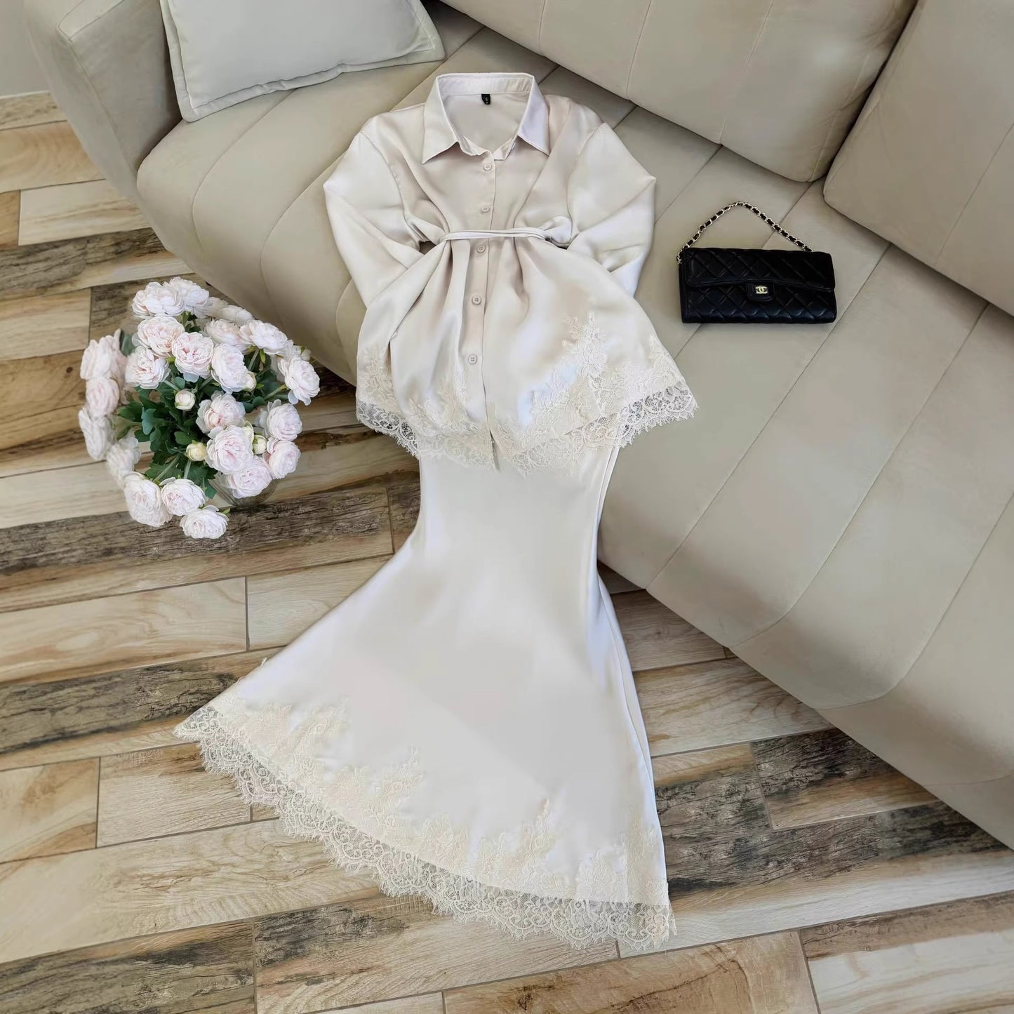 Splicing Lace-Up Long-Sleeved Shirt and Skirt Two-Piece Set