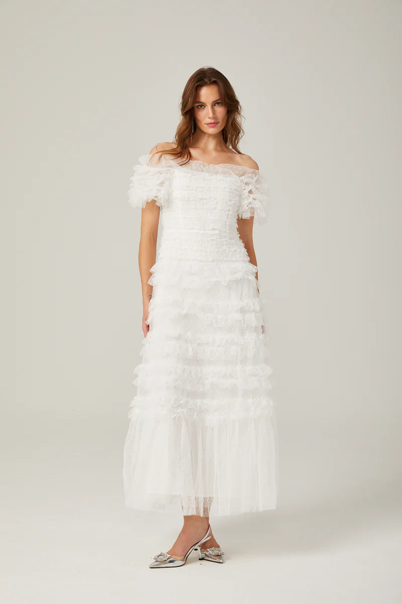 Philippine ruffled tulle tiered midi dress