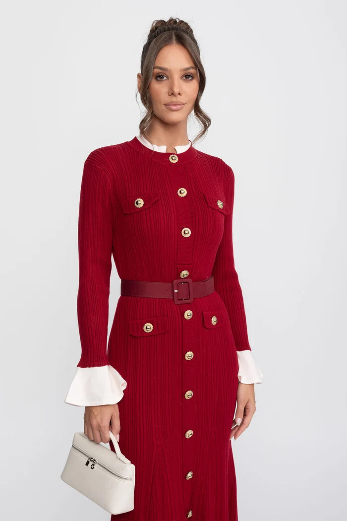 Ribbed Knit Belted Midi Dress With White Cuffs And Collar - Red