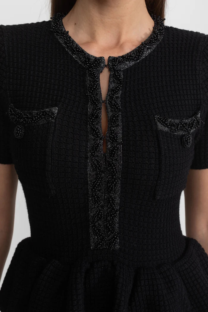 Textured Knit Midi Dress with Peplum Waist Detail – Black