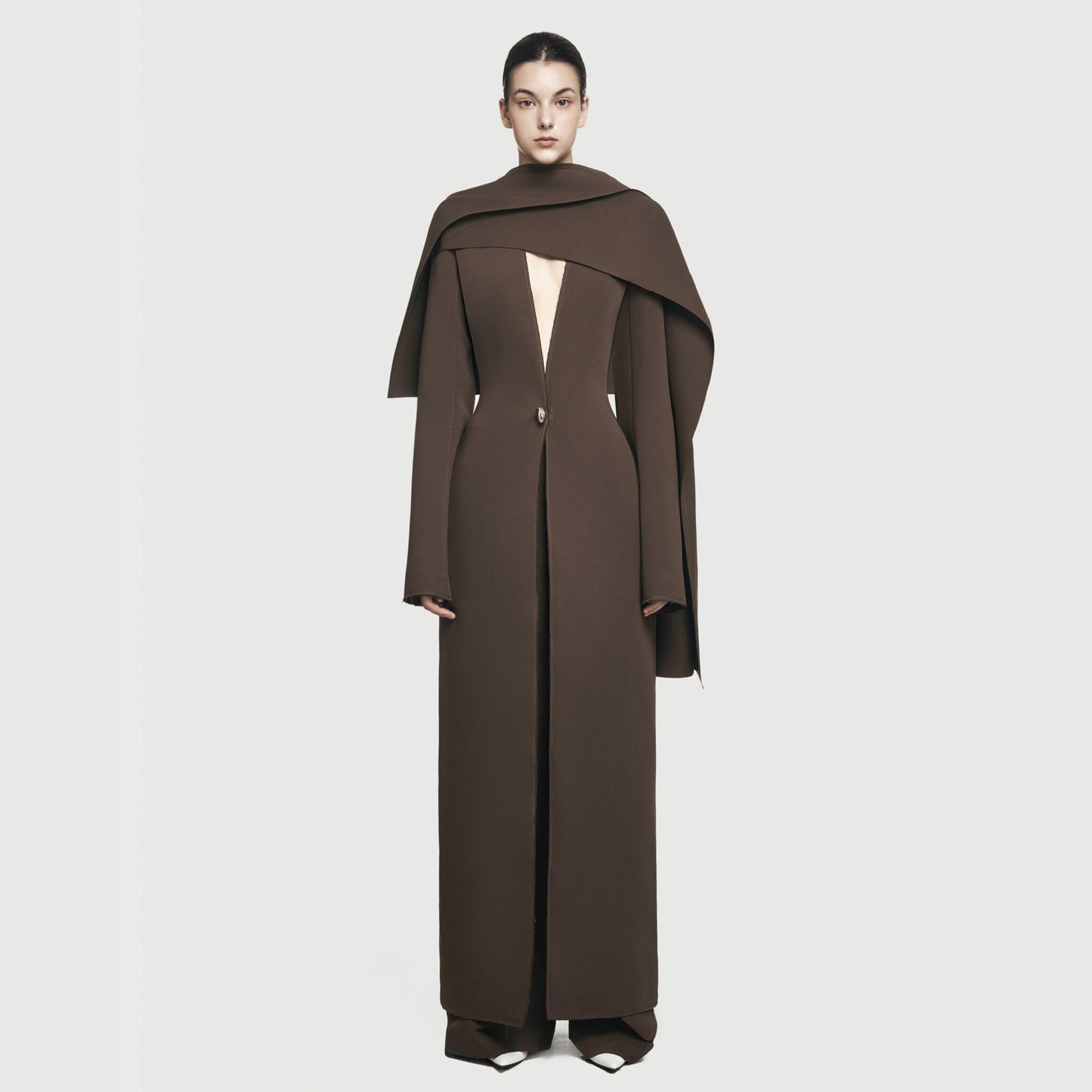 V-neck virtual edge shawl long jacket