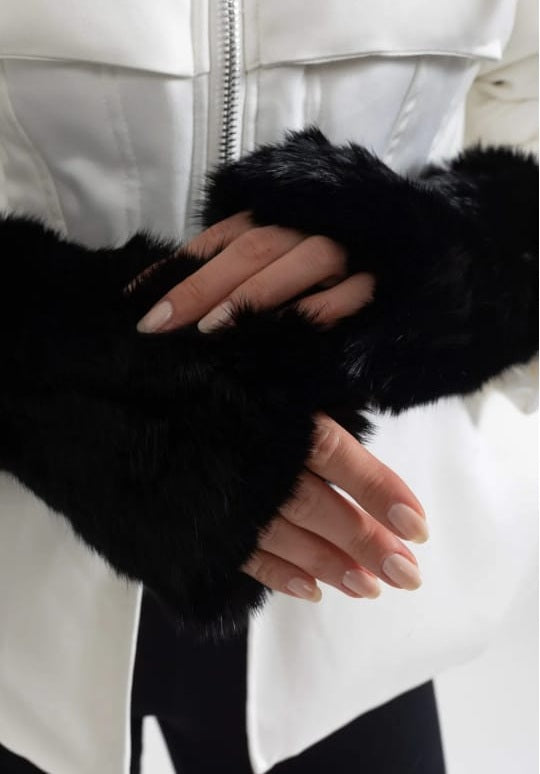 Rabbit Fur Fingerless Gloves - Black