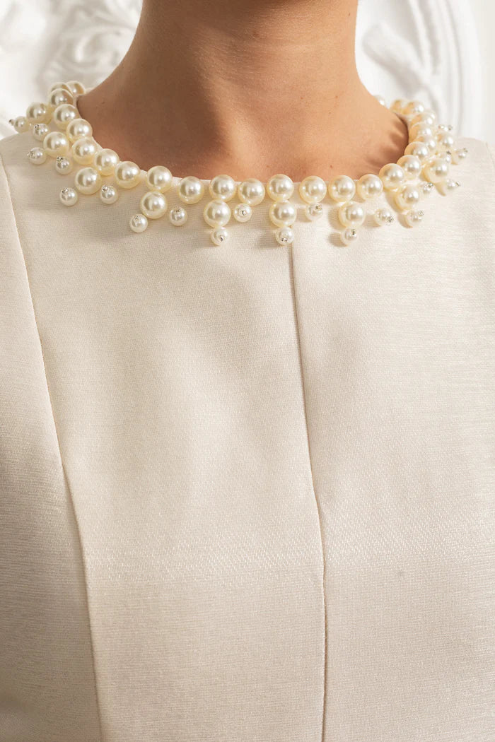 Sleeveless Midi Dress with Tulle Skirt and Pearl Embellished Collar - Ivoire