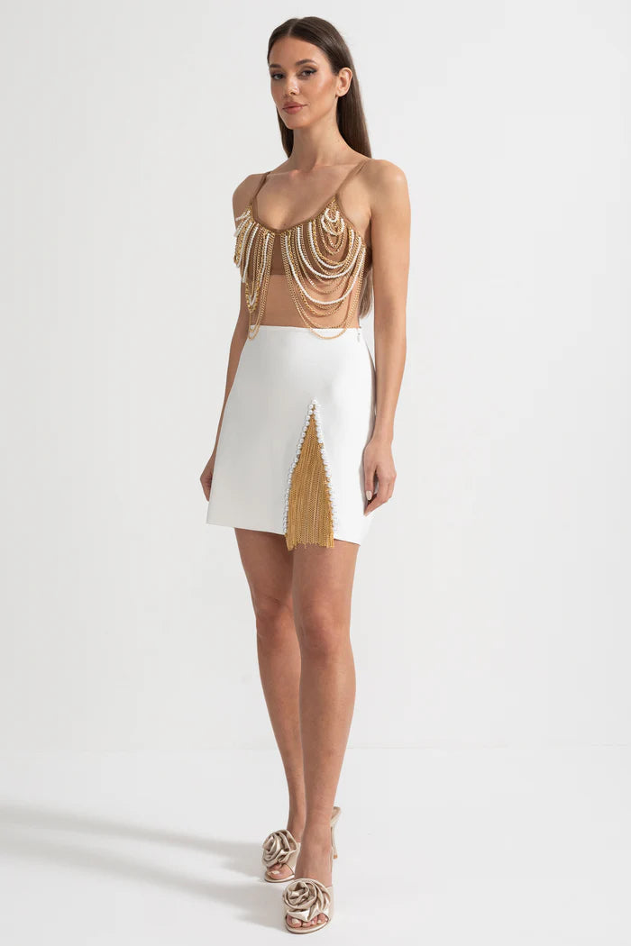 Pearls And Chains Embellished Set With Contrasting Top And Mini Skirt - Gold/White