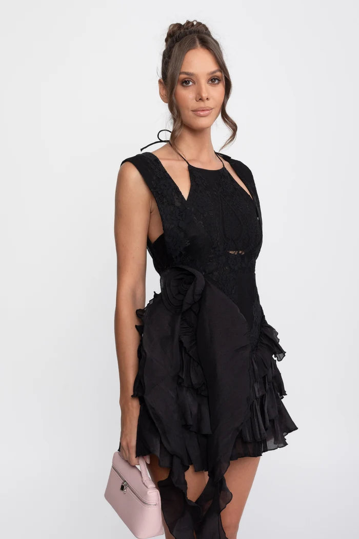 Lace Halter Rosette Mini Dress With Ruffle Skirt - Black