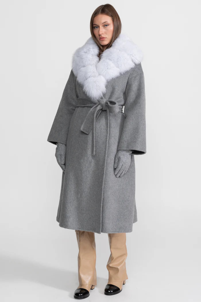 Wool Wrap Coat with Fox Fur Collar And Tie Belt – Gray