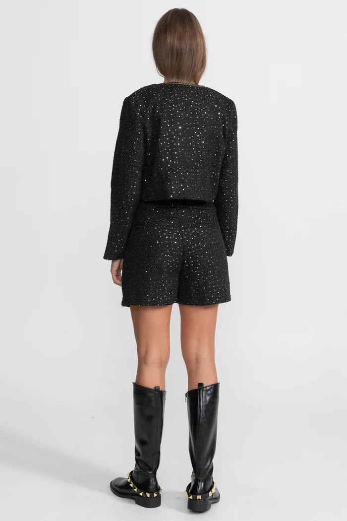 Embellished Co-Ord 3 Piece Set With Cropped Jacket, Lace Trim Top And High-Waist Shorts – Black