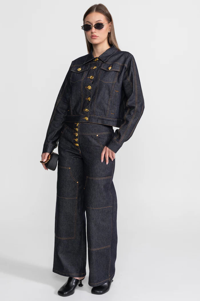 Gold Button Denim Co-ord Set – Indigo