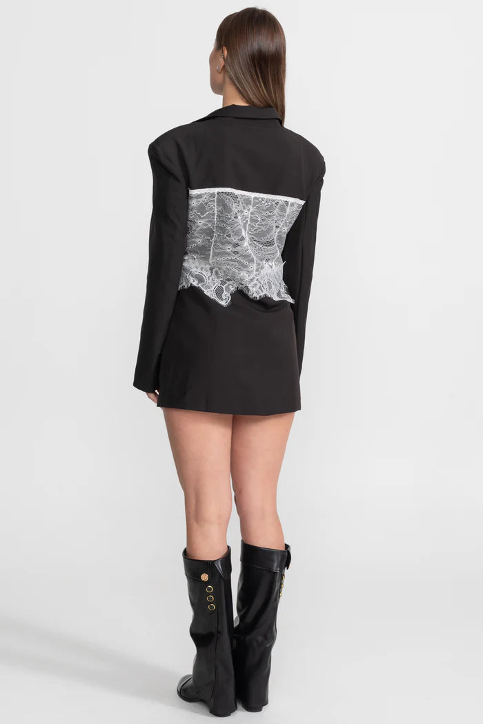 Lace Corset Blazer Dress With Deep V-neckline – Black