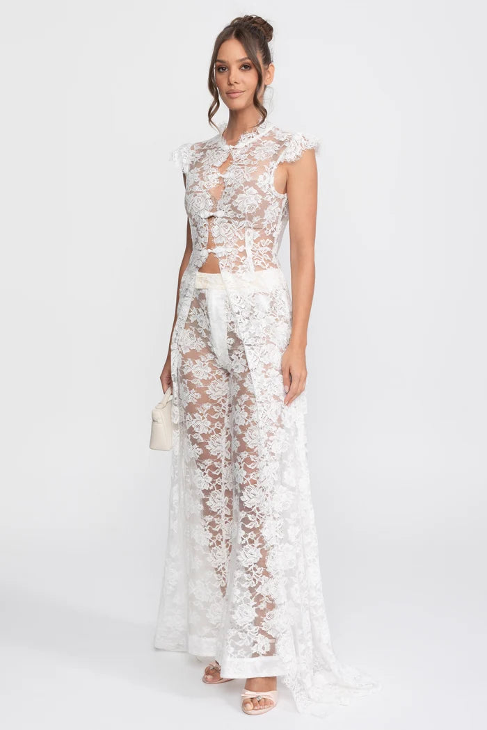 Sheer Lace Top And Palazzo Pants Set With Trailing Panel - White