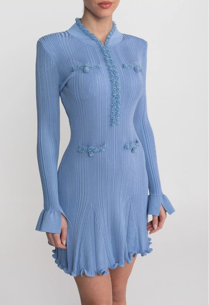 Ribbed Knit Mini Dress Trim Detailing - Blue