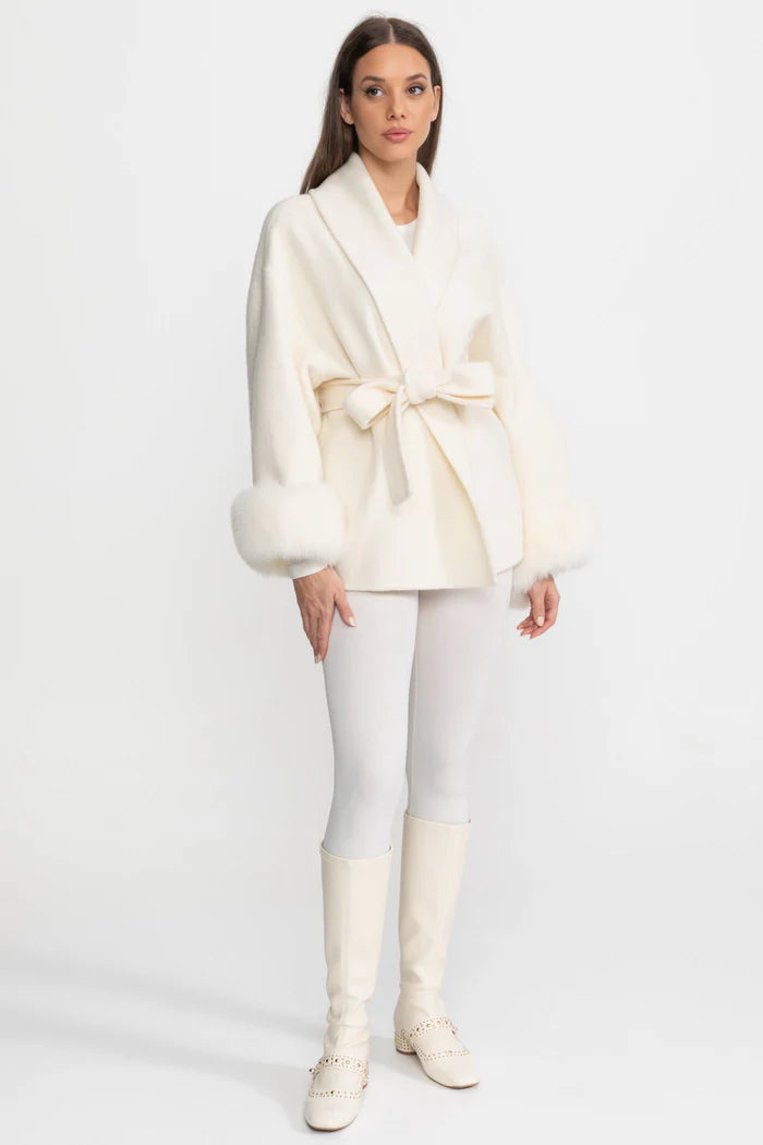 Wool Blend Wrap Jacket with Fox Fur Cuffs - Ivoire