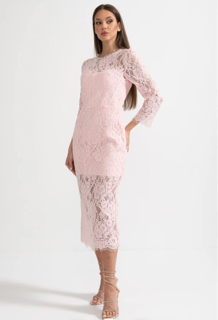 Elegant Long Sleeve Lace Dress With Matching Waist Belt - Pink