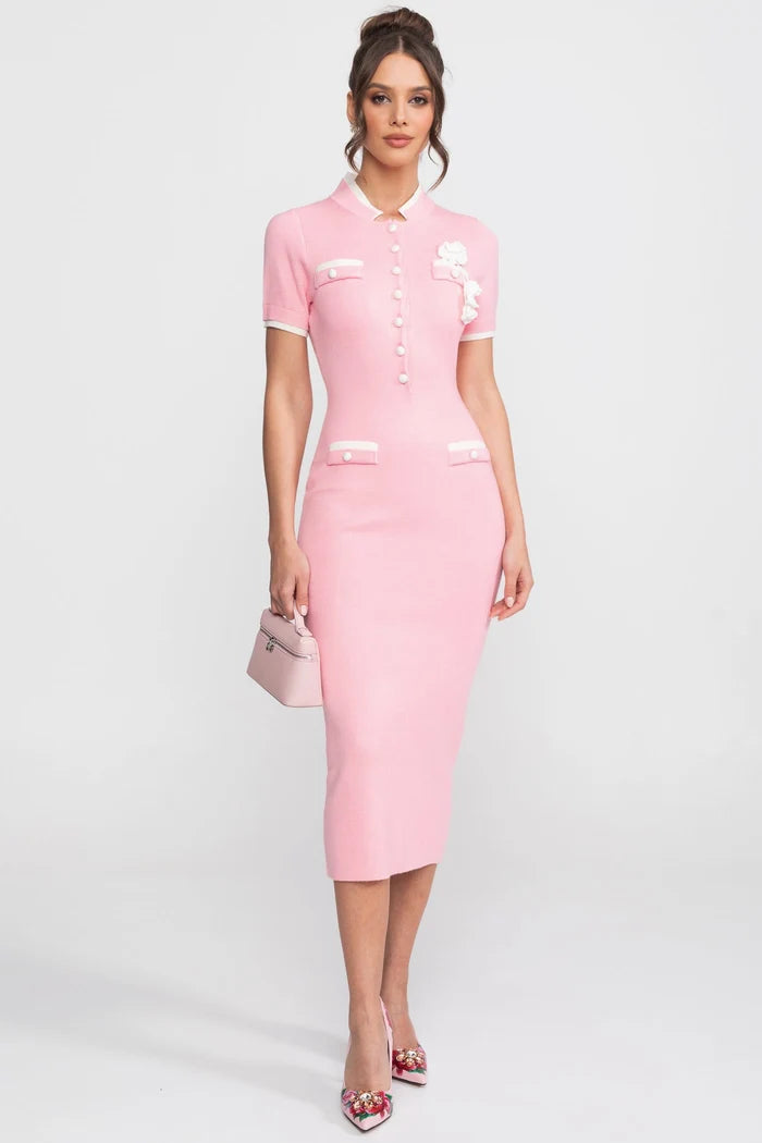 Ribbed Knit Midi Dress With Contrast Trim And Decorative Pockets - Pink