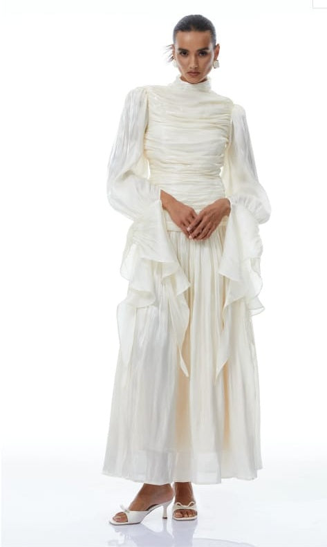 Sarolta Neutral Glossy Ruched Maxi Dress