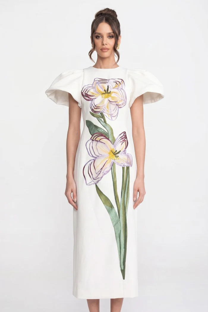 Structured Shoulder Maxi Dress With 3D Iris Floral Appliqué - White