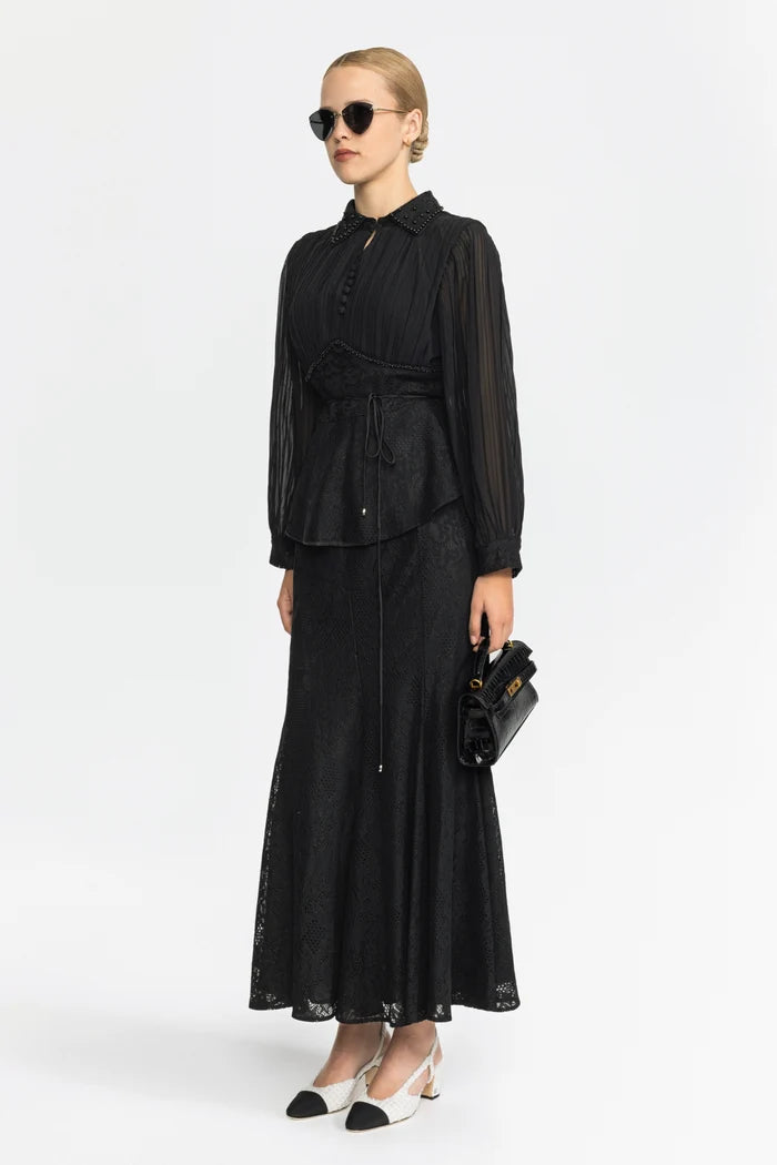 Pleated Chiffon Lace Peplum Blouse and Maxi Skirt Set - Black