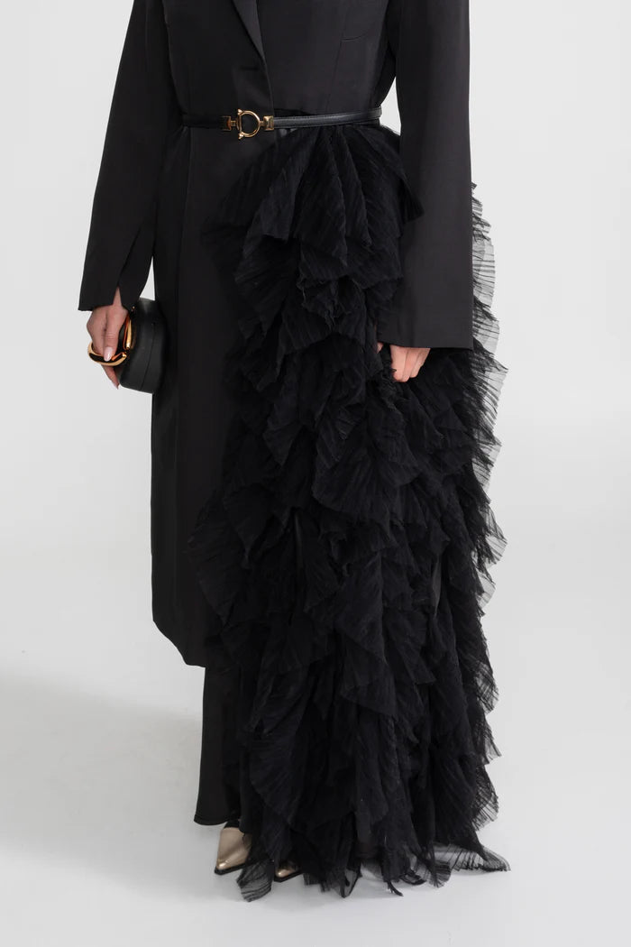 Tulle Cascade Blazer Dress With Notched Lapels – Black