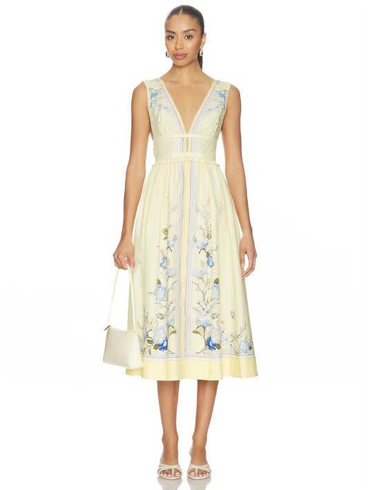 Floral Print Sleeveless V-Neck Backless Dress