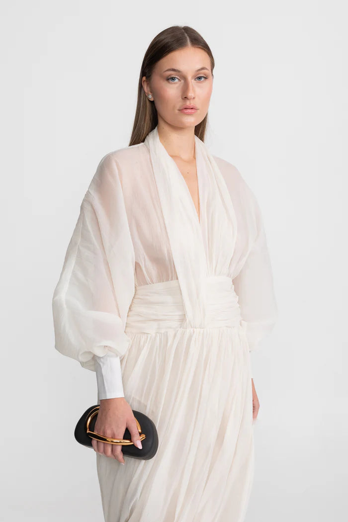 Draped Chiffon Maxi Dress With Long Bishop Sleeves – Ivoire