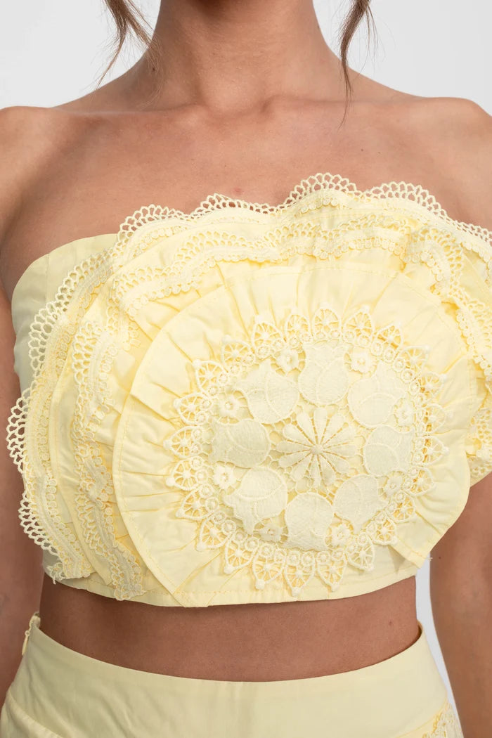 Crochet Medallion Two-Piece Set With Ruffled Maxi Skirt - Yellow