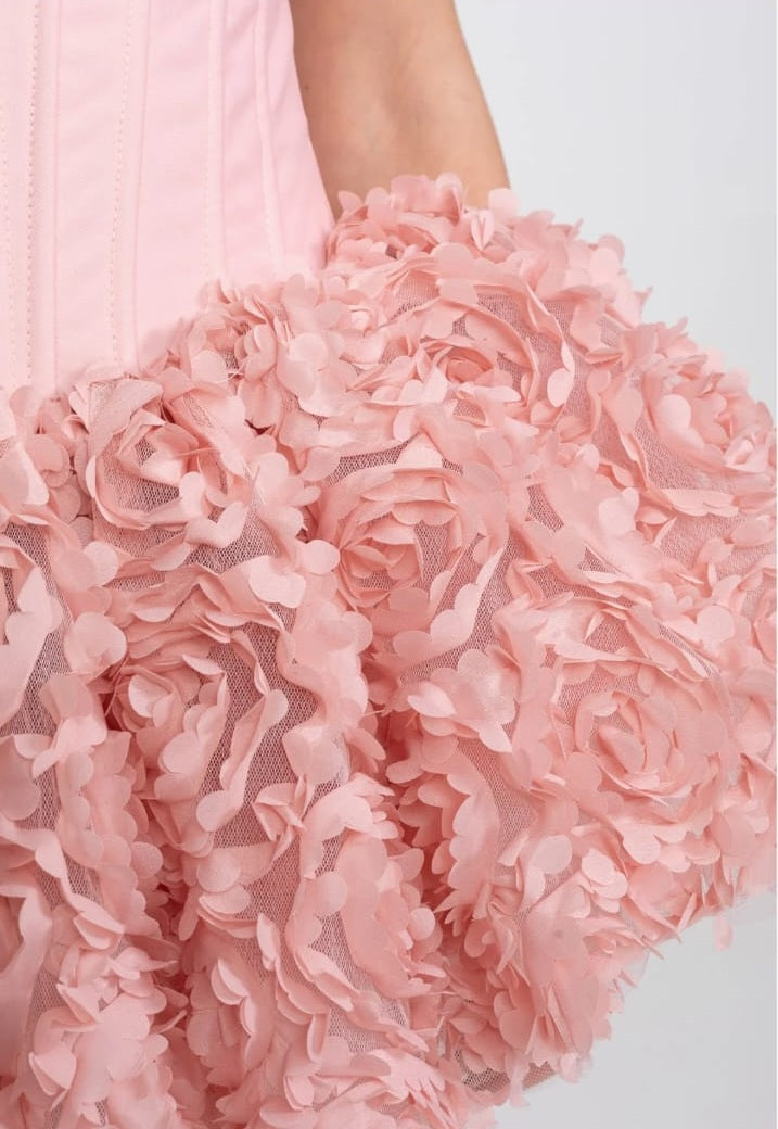 Strapless Corset Mini Dress With 3D Rose Appliqué Skirt - Pink