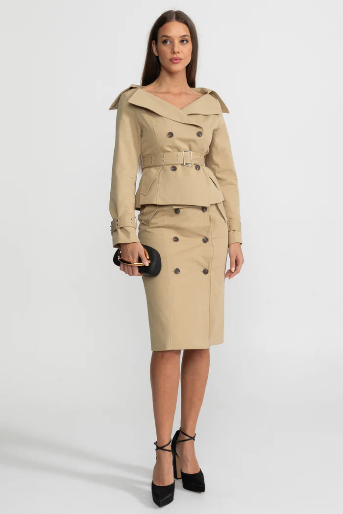 Off-Shoulder Peplum Trench Jacket and Pencil Skirt Co-Ord Set – Khaki