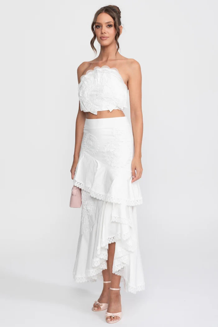 Crochet Medallion Two-Piece Set With Ruffled Maxi Skirt - White