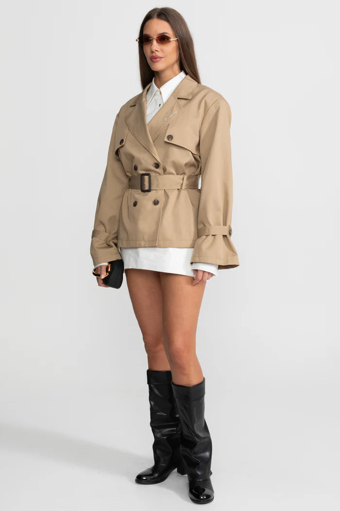Cropped Double-Breasted Trench Jacket With Belted Waist – Camel