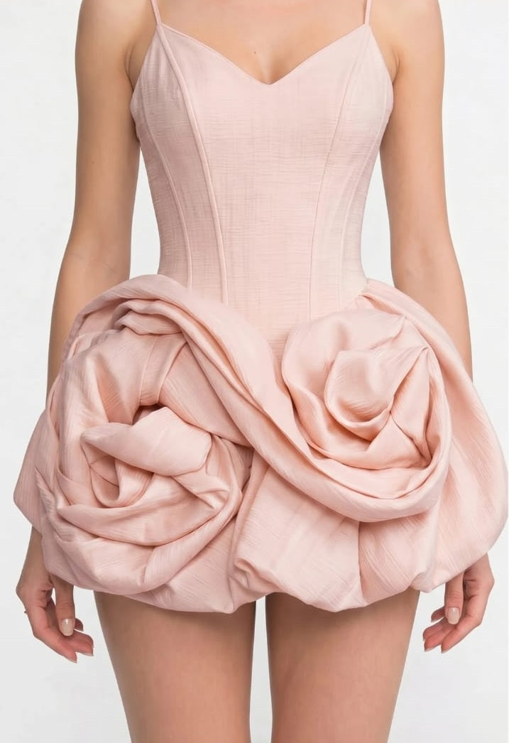 Spaghetti Strappy Velvet Mini Dress with 3D Pink Skirt - Pink