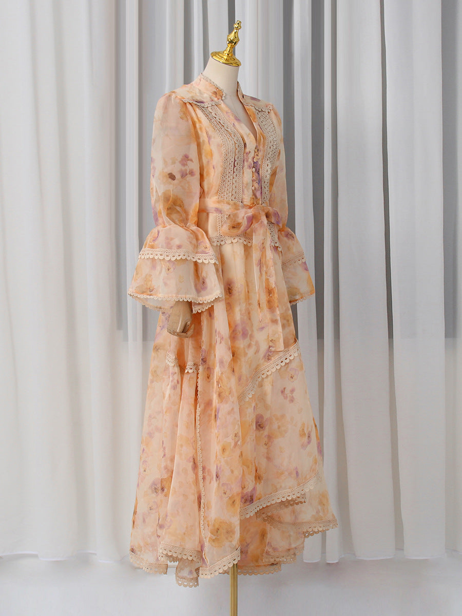 Waist-Slimming Printed Long-Sleeve Dress
