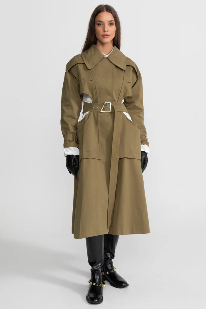 Cutout Trench Coat with Belted Waist and Utility Pockets - Khaki