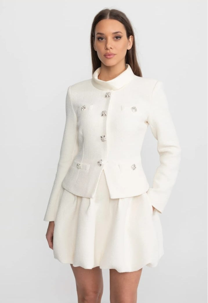 Textured Mini Dress with Crystal Button Embellishments – Ivoire