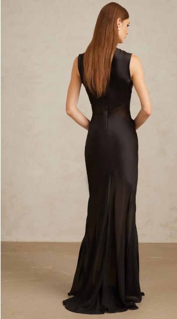 Siiri Black Tulle Panel Satin Maxi Gown