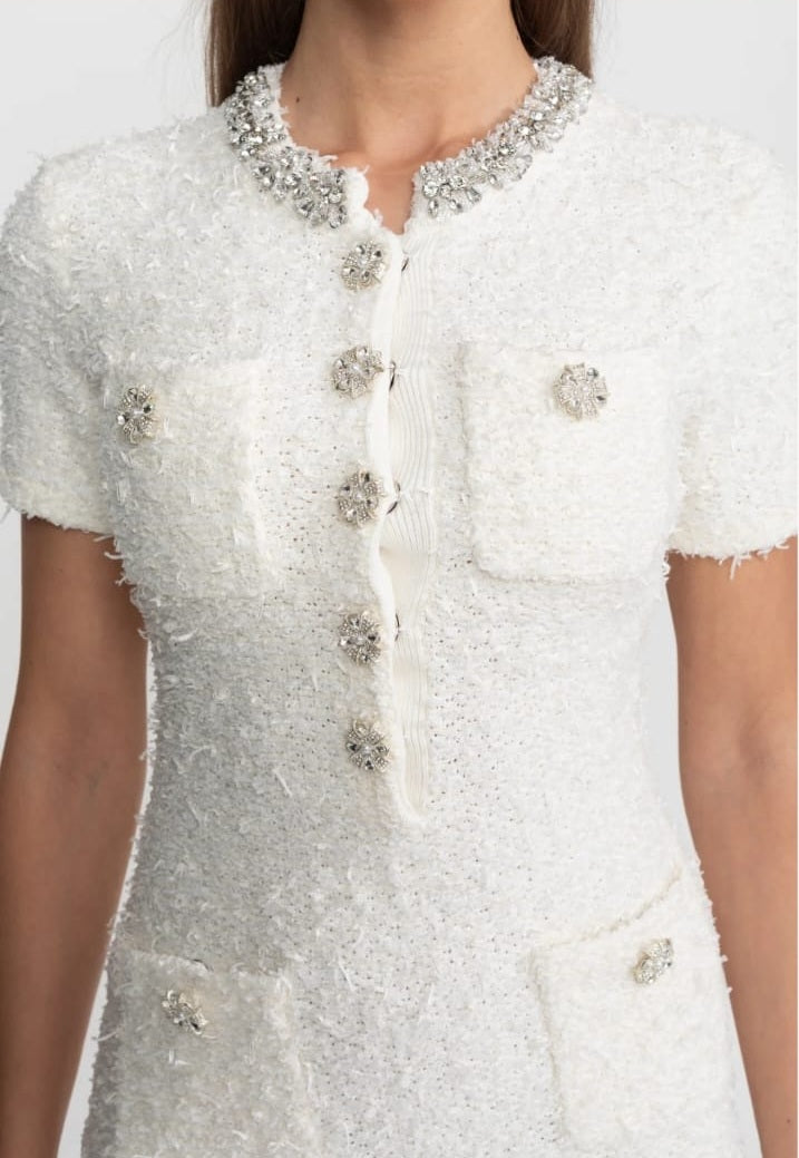 Embellished Tweed Mini Dress with Crystal Button Details – White