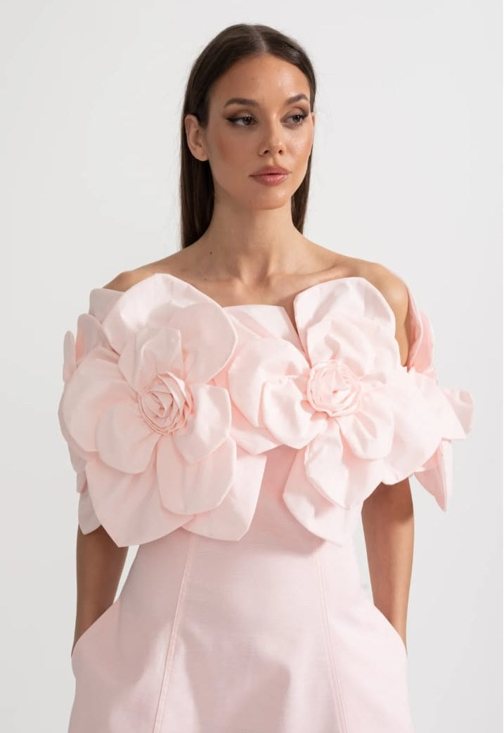 Off-Shoulder Midi Dress With Large Fabric Floral Accents - Pink