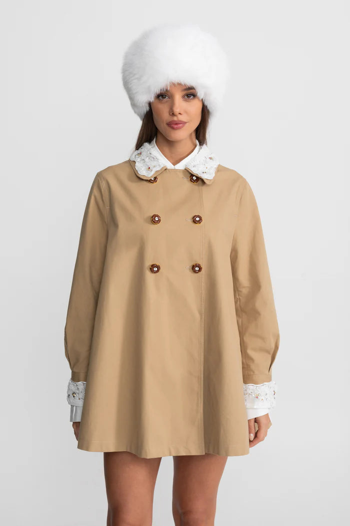 A-Line Trench Mini Dress With Embroidered Collar – Camel