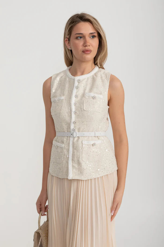 Textured Co-Ord With Front Pockets And Sheer Pleated Skirt - Ivoire