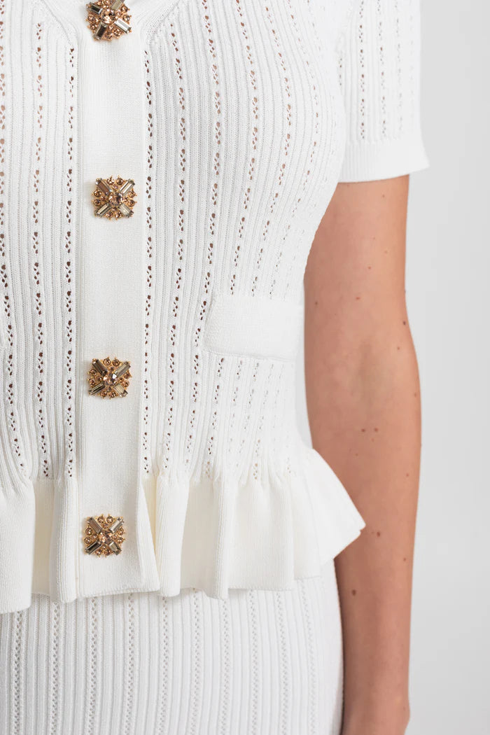 Knit Midi Co-Ord with Peplum Waist and Gold Buttons – White