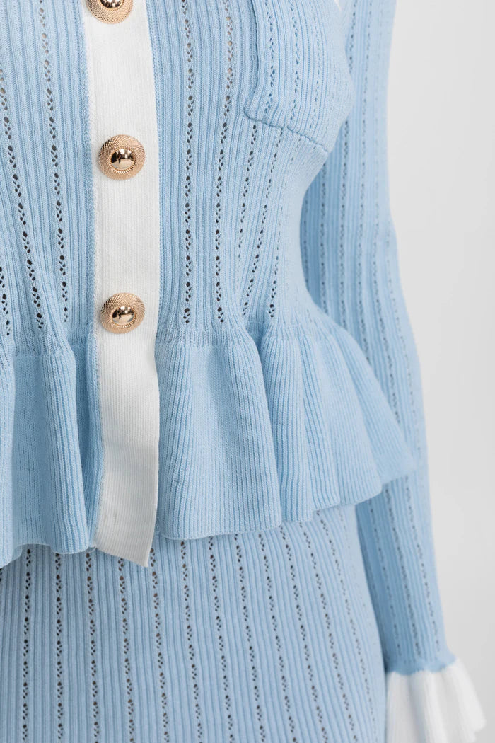 Pointelle Knit Midi Co-Ord with Contrast Trim – Baby Blue