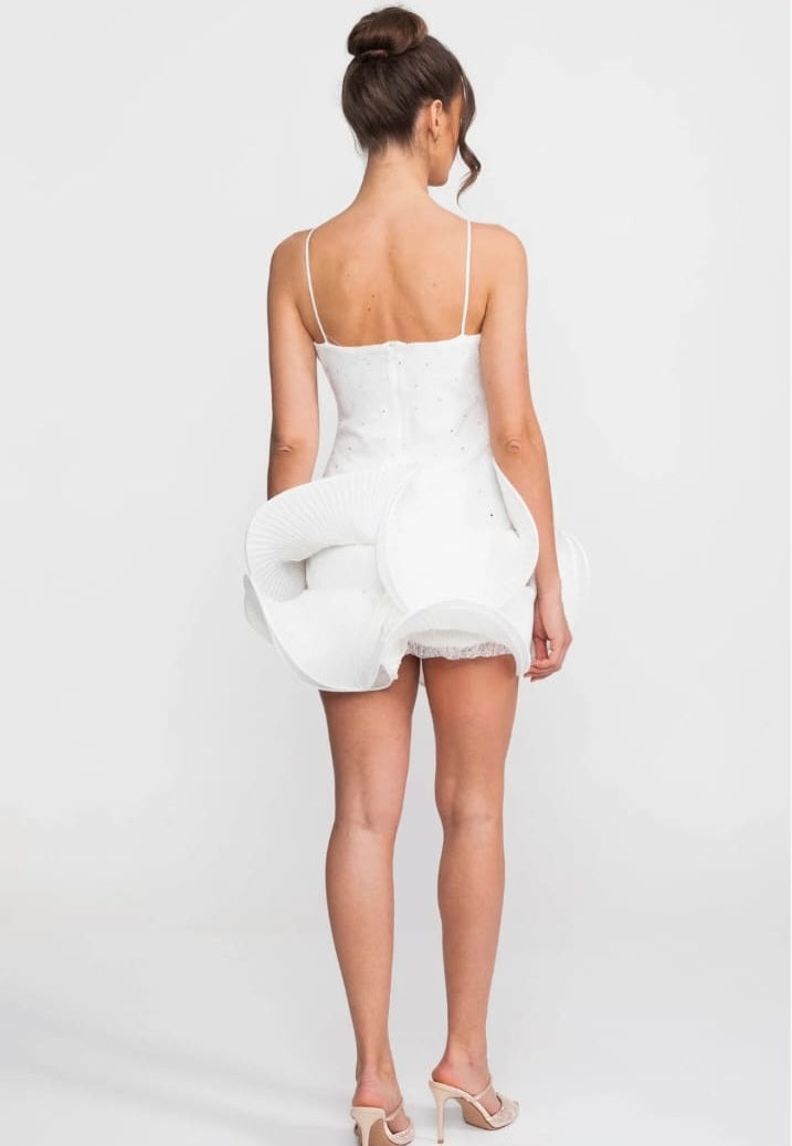 Babydoll Mini Dress With Sparkling Embellishments And Ruffled Peplum Skirt - White