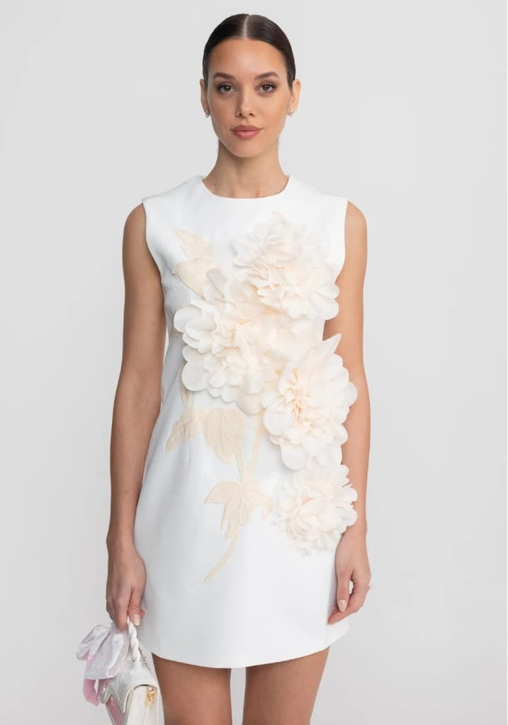 Sleeveless Mini Dress With Round Neckline And 3D Floral Appliqué - White