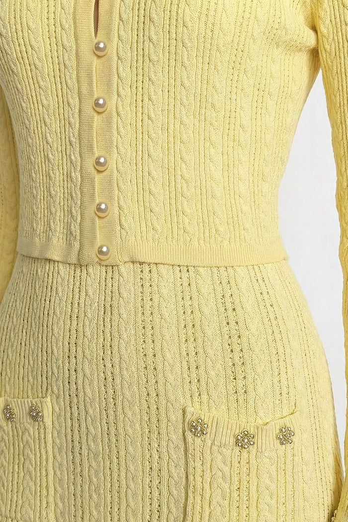 Ribbed Knit Dress and Cardigan Set With Pearl Button Detailing - Yellow