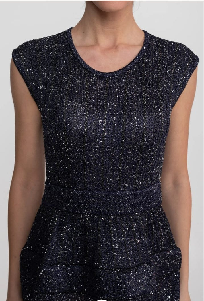 Sequin Cap Sleeve Mini Dress With Tiered Ruffle Skirt - Navy