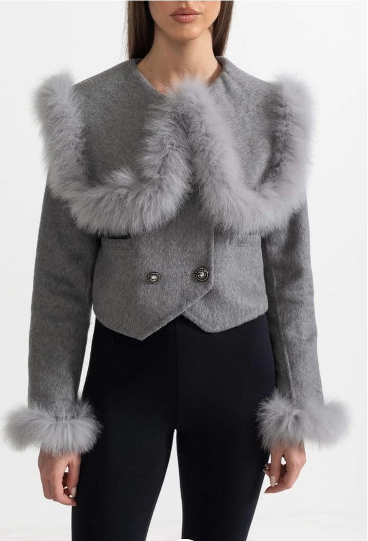Double Breasted Cropped Jacket With Fur Collar Embellishment - Gray