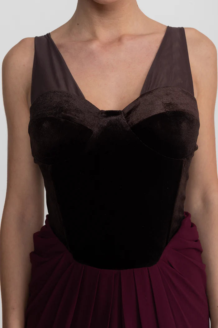 Maxi Dress With Velvet Corset Bodice And Flowing Skirt - Burgundy